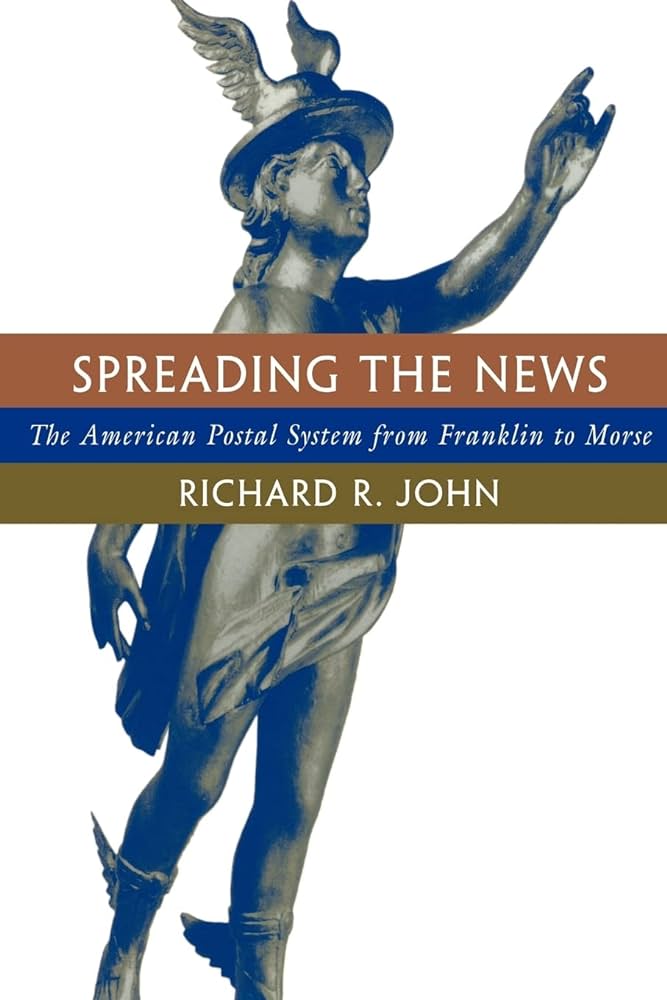Book cover of "Spreading the News" with a blue-toned Mercury statue on a white background. 