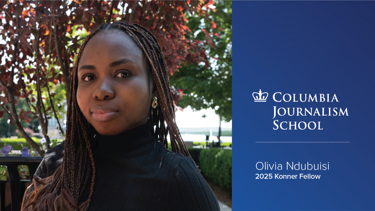 Headshot of Olivia Ndubuisi, '25 M.A. Science and Politics, next to the CJS logo, above text that reads "Olivia Ndubuisi 2025 Konner Fellow."