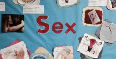 collage with cut out letters spelling sex