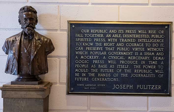 plaque in Pulitzer Hall quoting Joseph Pulitzer 