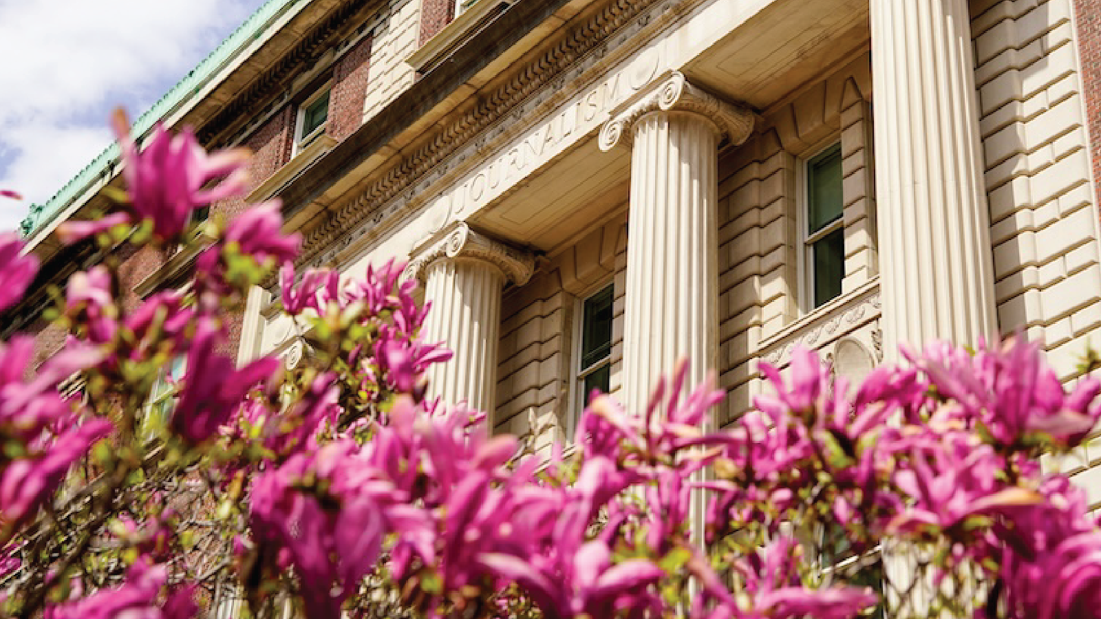 Flowers in front of Pulitzer Hall
