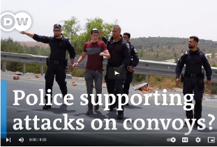 Screenshot of DW video: "News Peace activists protect Gaza-bound aid convoys from attacks by Israeli extremists." Screenshot
