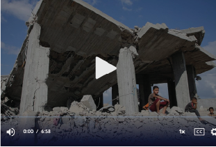 Screenshot of PBS Newshour: "Gazans reflect on one year of living in war, incomprehensible loss and sorrow." Screenshot