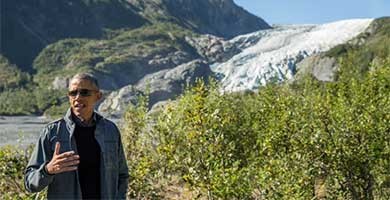 Barack Obama discusses the effects of climate change at Exit Glacier in Seward, Alaska. Photograph: Andrew Harnik/AP