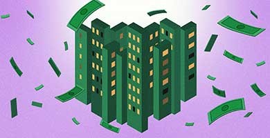 color drawing of a green building with green currency flying around it. Ilustración por Júlia Ledur para CLIP