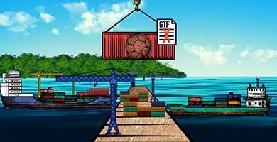 color drawing of shipping container being loaded on a dock in a port.. Ilustración: Miguel Méndez