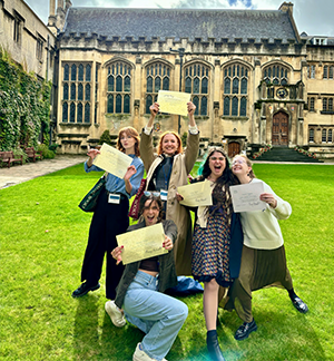 Lexi Baker, Delaney Brown, Ashley Blaes, Carina Mignon and Elizabeth Halleron of the 2024 class celebrate receiving their certificates on the main quad of Exeter on the last day of the course. Lexi Baker, Delaney Brown, Ashley Blaes, Carina Mignon and Elizabeth Halleron of the 2024 class celebrate receiving their certificates on the main quad of Exeter on the last day of the course.