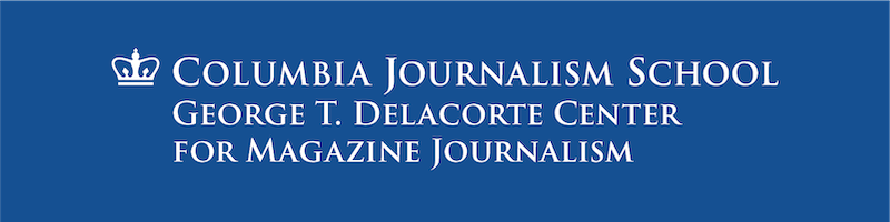 Logo of the George T. Delacorte Center for Magazine Journalism on a blue background