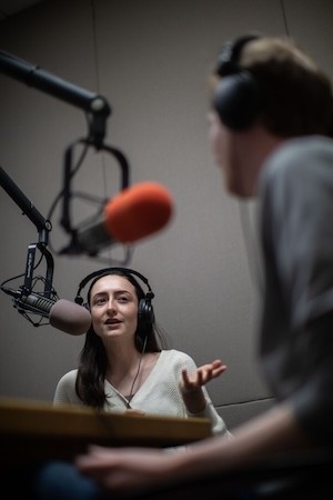 Students using microphones