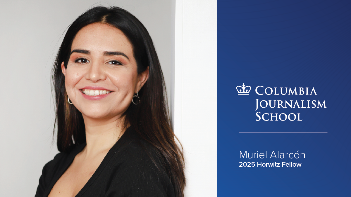 Headshot of Muriel Alarcón, '20 M.A. Science, next to the CJS logo and the words "Muriel Alarcón 2025 Horwitz Fellow" underneath. 