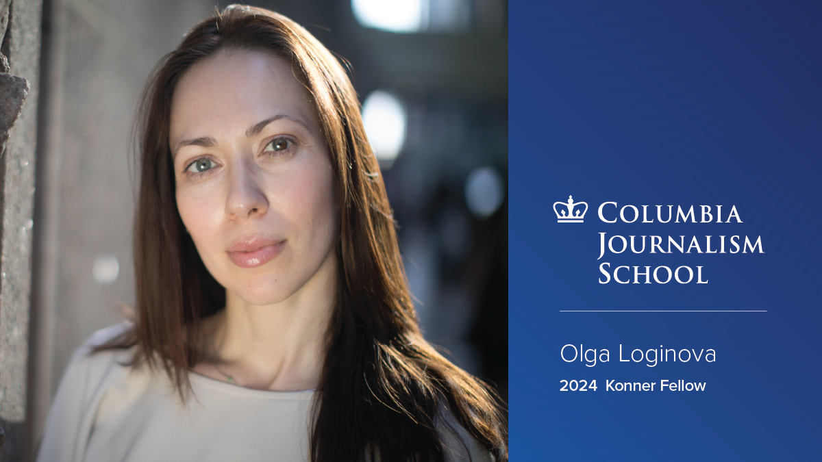 Headshot of Olga Loginova, logo of CJS above text that reads, "Olga Loginova 2024 Konner Fellow."