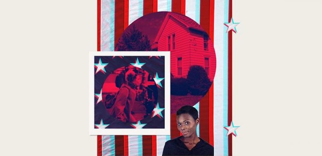 Rita Omokha superimposed on American flag background