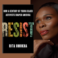 Headshot of Omokha with her book "Resist"