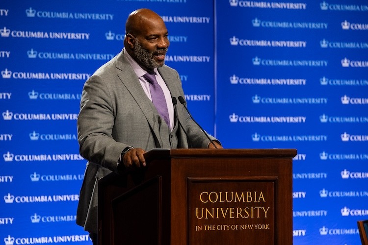 CJS Dean Jelani Cobb gives his closing address at Low Library. Photo credit: Cole Giordano Dean Cobb at podium