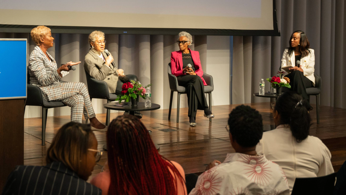 A panel discussion with Jenisha Watts, Dorothy Butler Gilliam, '61 M.S., Marquita Pool-Eckert, ‘69 M.S., and Joy-Ann Reid during the 2024 Ida B. Wells Symposium. Photo: Silence ByK Photography Jenisha Watts, Dorothy Butler Gilliam, '61 M.S., Marquita Pool-Eckert, ‘69 M.S., and Joy-Ann Reid at a panel discussion held in the lecture hall of Pulitzer