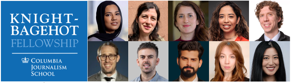 Headshots of the 2025 Knight-Bagehot Fellows displayed to the right of a blue graphic featuring white text that reads "Knight-Bagehot Fellowship," with Columbia Journalism School's logo beneath.