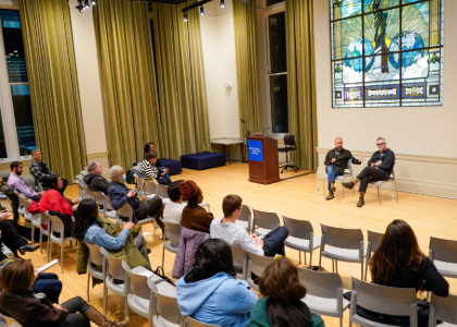 Robe Imbriano, Director of The Ira A. Lipman Center for Journalism and Civil and Human Rights and Ira A. Lipman Associate Professor of Journalism, speaks with filmmaker Tony Gerber, who with Jesse Moss directed and wrote the documentary "War Game." A two person panel speaks to an audience.