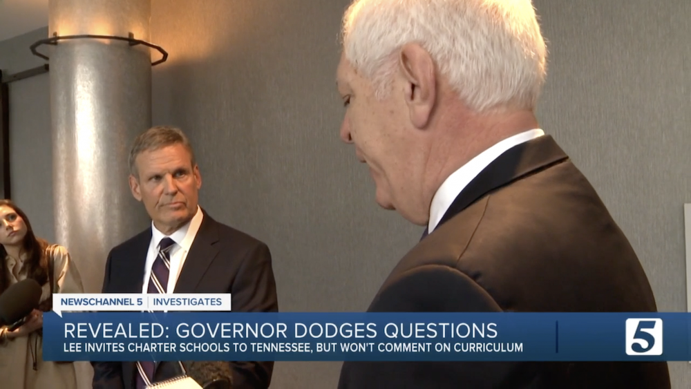 Williams confronts Tennessee Gov. Bill Lee in 2023 about his endorsement of a charter school system that attempts to rewrite the history of the civil rights movement. (photo: Bob Stinnett/WTVF)
