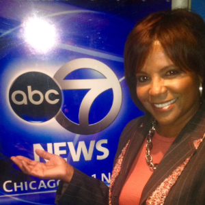 Diann Burns, '81 M.S., the first African American woman to anchor primetime news in Chicago. Photo: Diann Burns Diann Burns, '81 M.S., standing in front of the ABC 7 news logo