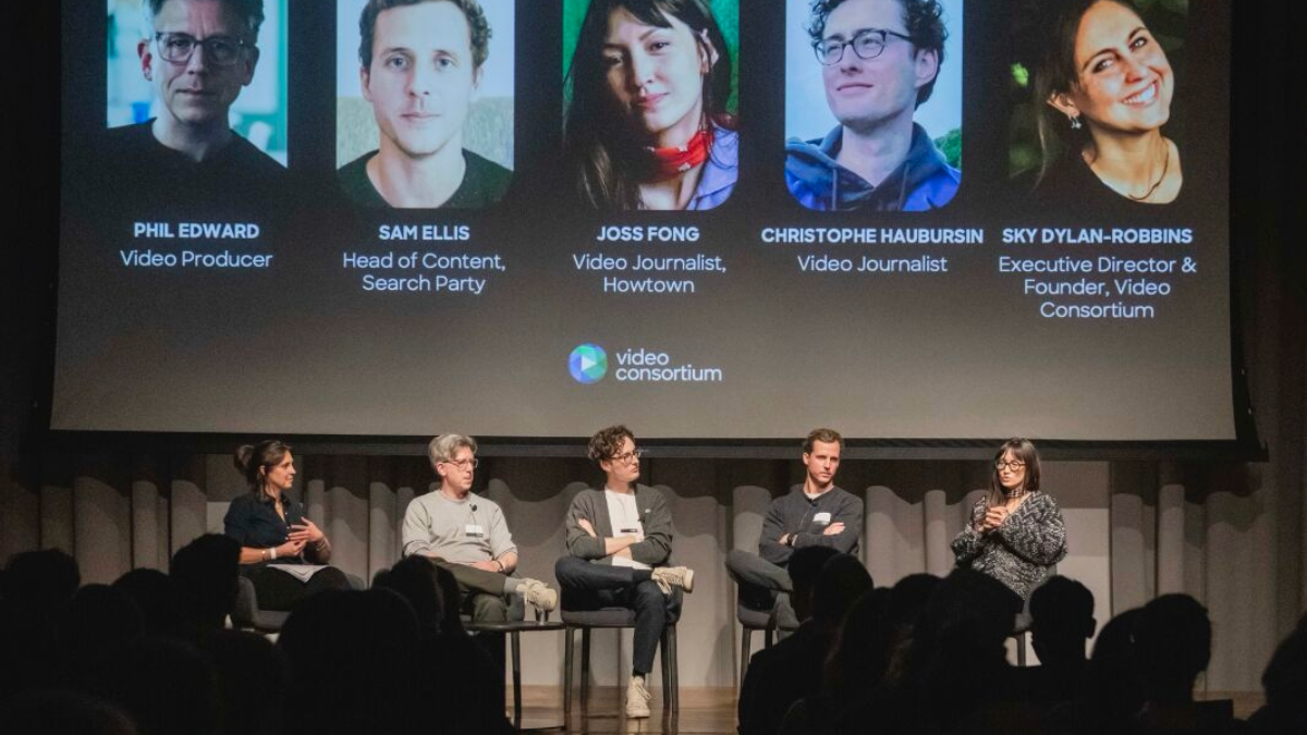 A five-person panel sits in front of a screen displaying headshots and names: "Phil Edward: Video Producer," "Sam Ellis: Head of Content, Search Party," "Joss Fong: Video Journalist, Howtown," "Christophe Haubursin: Video Journalist," and "Sky Dylan-Robbins: Executive Director & Founder, Video Consortium."