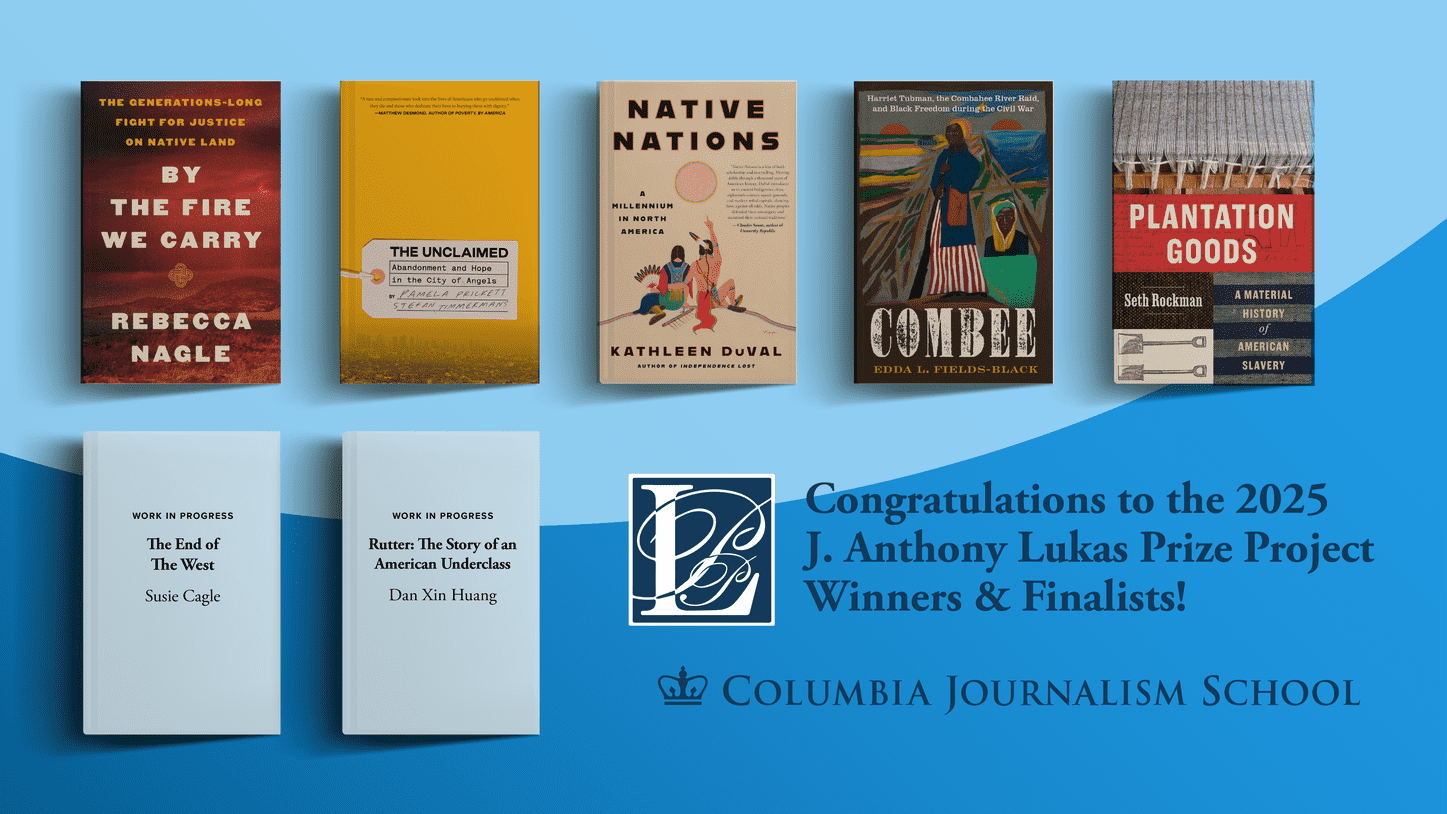 Graphic with the book covers for each of the 2025 Lukas Prize winners and finalists. 