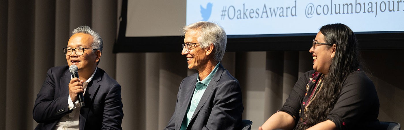 Professor Duy Linh Tu moderating 2023 Oakes Award winners' panel.