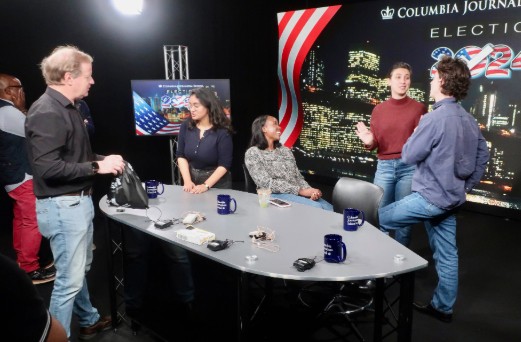 CJS students in the Pulitzer Hall broadcast studio, preparing for their live broadcast during the 2024 U.S. Presidential Election. CJS students in the Pulitzer Hall broadcast studio.