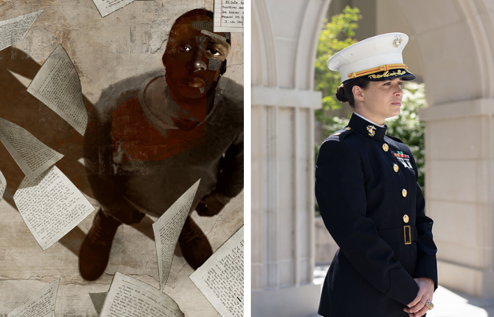 A black man looking up at floating papers (left) and a woman army vet (right)