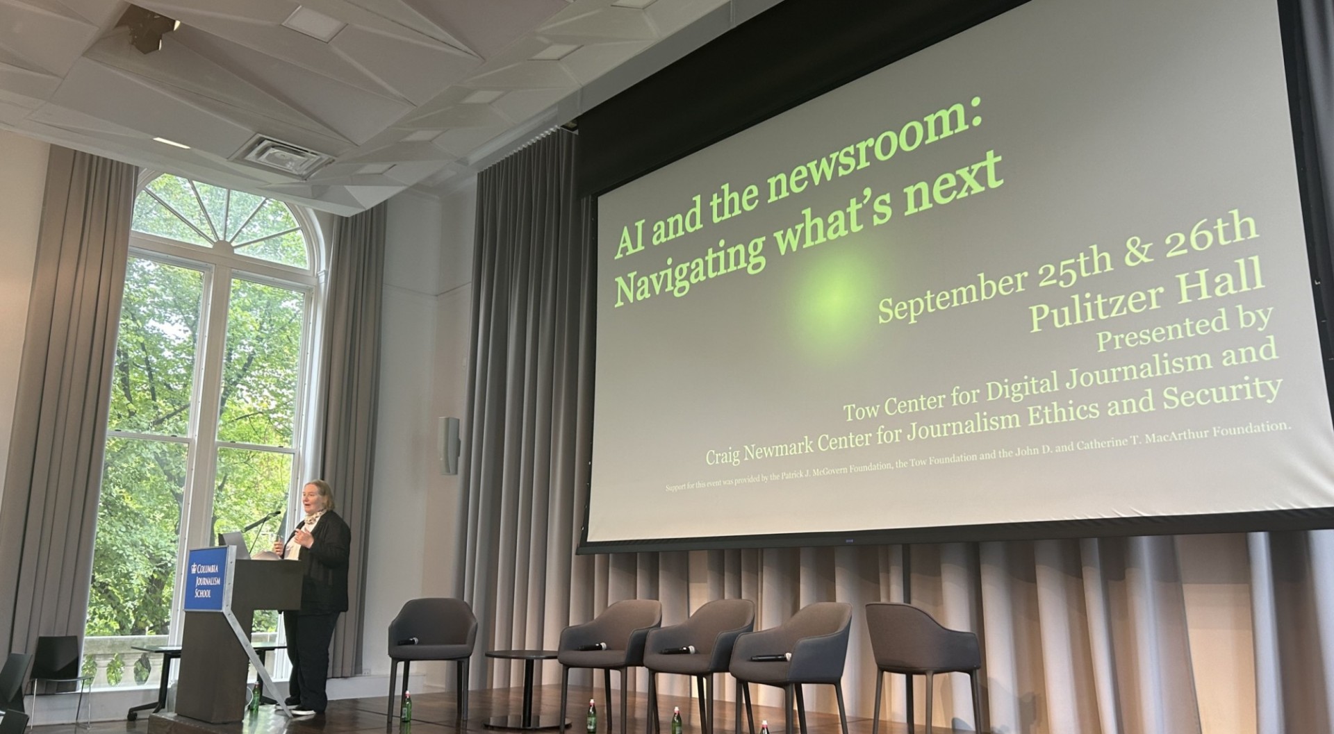 Emily Bell speaks at an event hosted by the Tow Center and the Craig Newmark Center at Columbia Journalism School, September 2024. (Credit: Tow Center.)