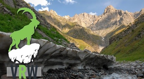 Promotional image for "Voices from the Roof of the World" featuring mountains and an animated depiction of a ram standing on a rock