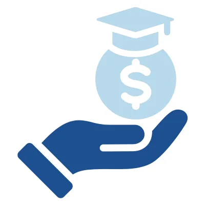 A blue hand holding a circle with a dollar sign, topped by a graduation cap.