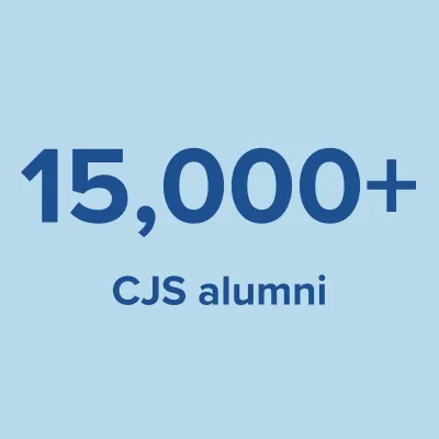 Dark blue text over light blue background that reads "15,000 plus CJS alumni."