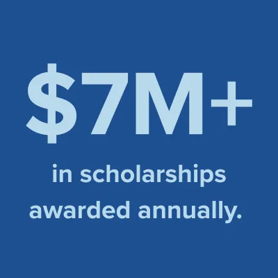 Light blue text that reads "seven million dollars plus in scholarships awarded annually."