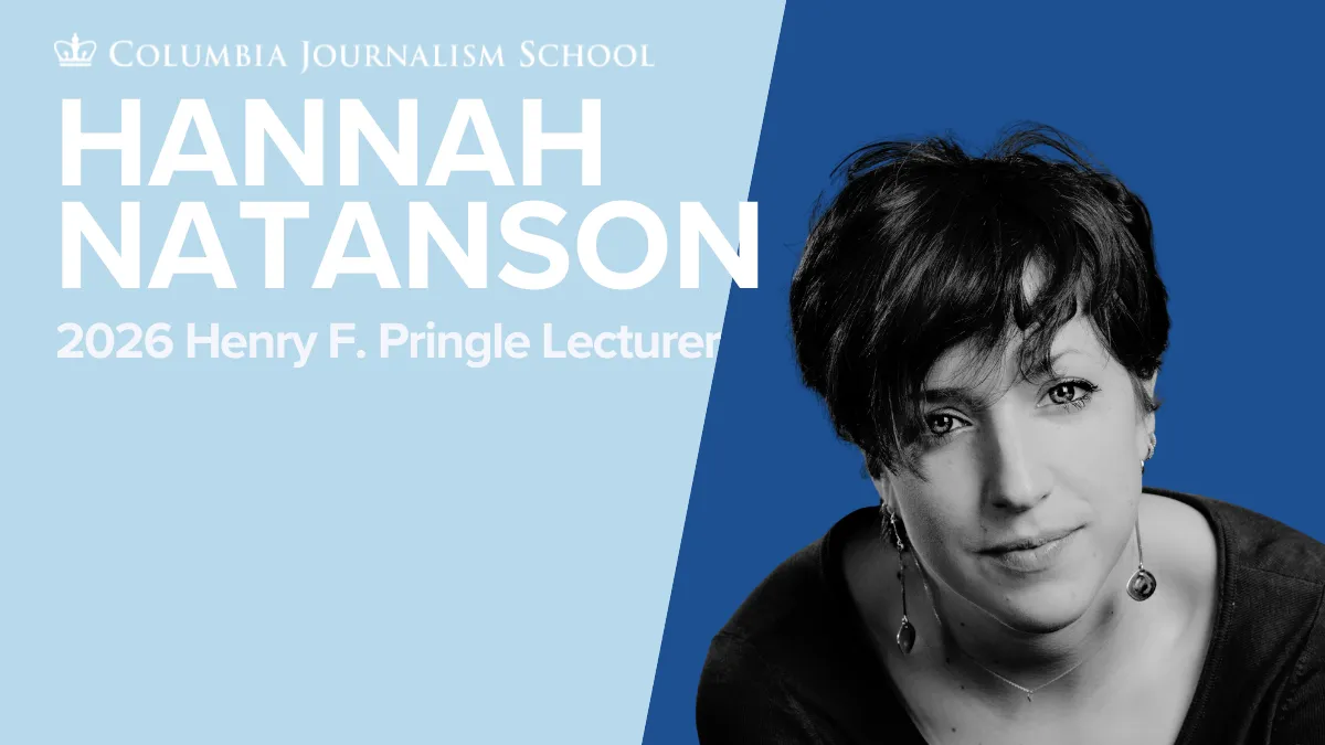 Photo of Hannah Natanson, the 2026 Henry F. Pringle Lecturer, over a duotone blue background. 