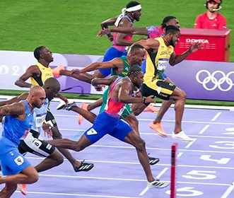 Photo of the men's 100m final during the 2024 Paris Olympics taken by Gabriela Bhaskar, '17 M.S.