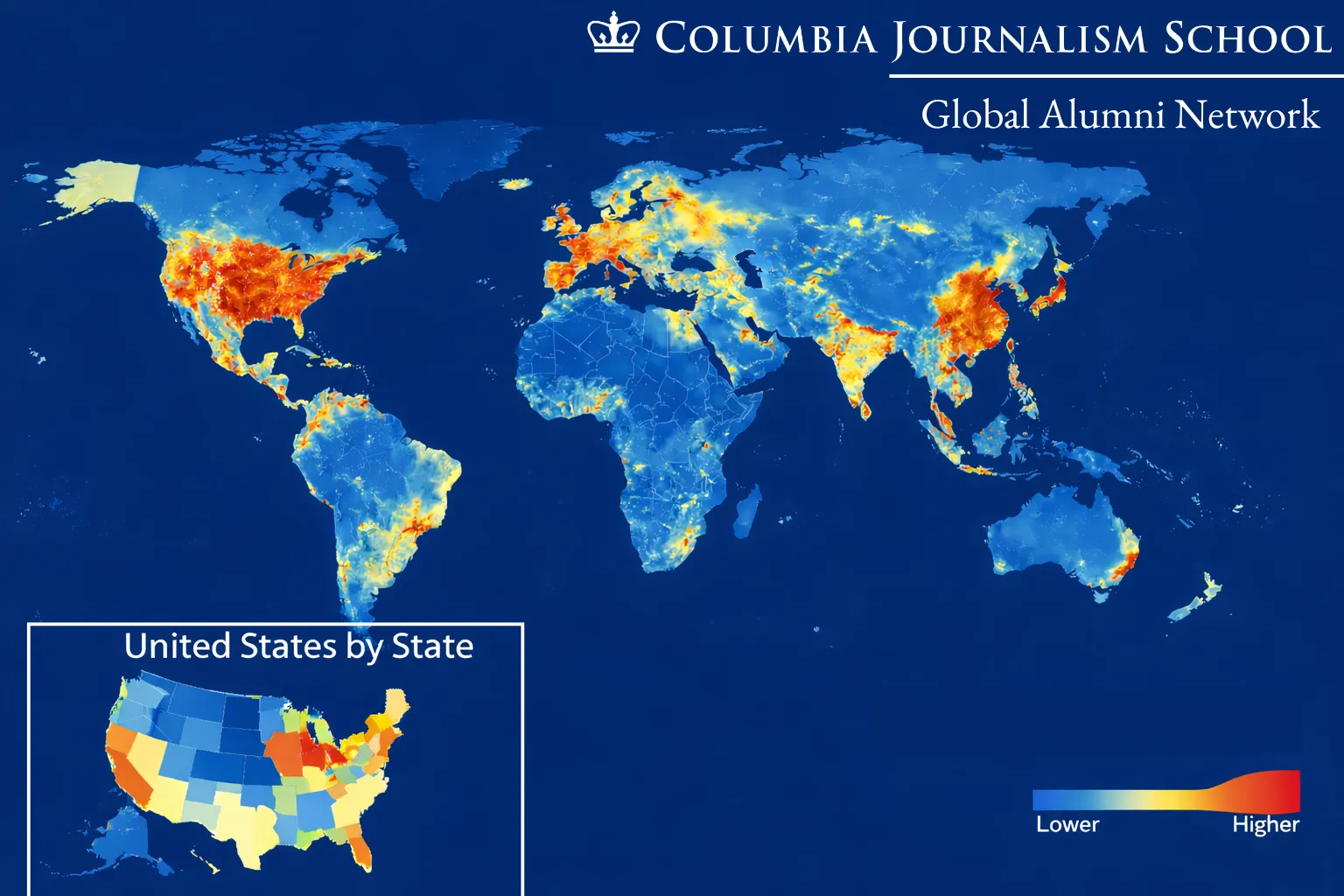 A heat map showing Columbia Journalism School's global and U.S. alumni networks with red areas indicating higher concentrations.