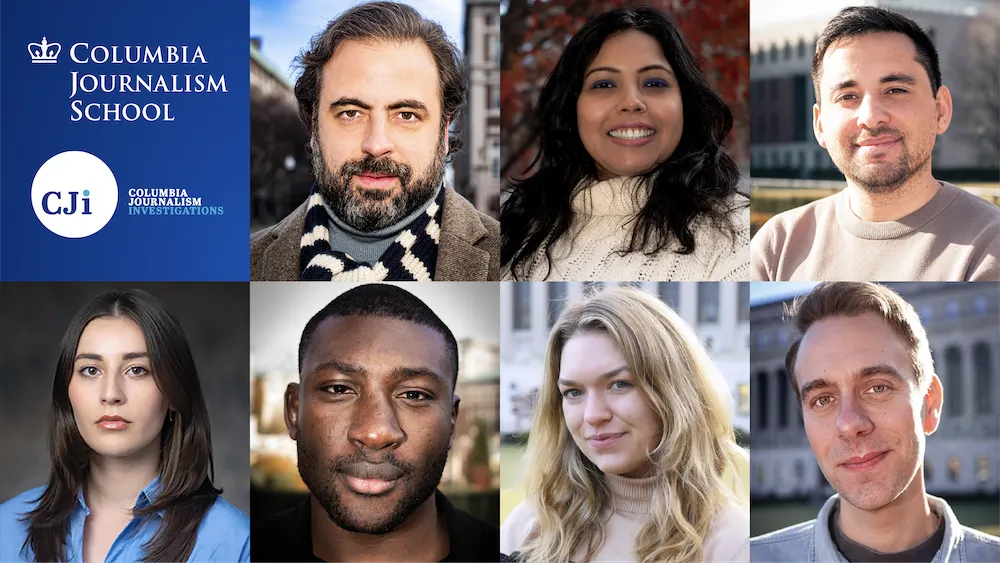 Headshots of the new CJI fellows with Columbia Journalism School logo above the CJI logo in the far upper left frame. 