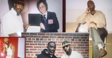 Photos of Calvin Buari taken during his wrongful incarceration at Green Haven Correctional Facility. Clockwise from top left: Buari receiving a certificate from Yale Law School in 2014; Buari at the Green Haven Correctional Facility Family Festival in 2016; Buari with actor Michael K. Williams in 2015; Buari in 2015. | Courtesy of Calvin Buari
