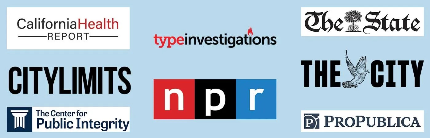 collage of logos of news organizations CJI has partnered with to produce investigative stories
