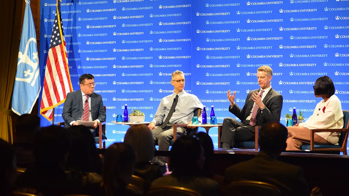 From left to right: Sewell Chan, Executive Editor of Columbia Journalism Review, Andrew Gelman, Higgins Professor of Statistics and Professor of Political Science, Garrett Haake, Senior Congressional Correspondent at NBC News, and Errin Haines, editor-at-large at The 19th News.