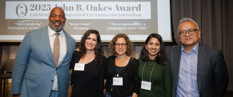 Dean Jelani Cobb with the 2025 John B Oakes Award winners and Dean of Academic Affairs Duy Linh Tu. 