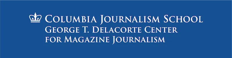 Logo of the George T. Delacorte Center for Magazine Journalism on a blue background