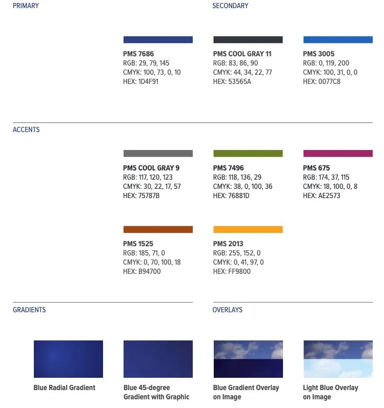 Layout of primary and secondary colors for CJS branding. 