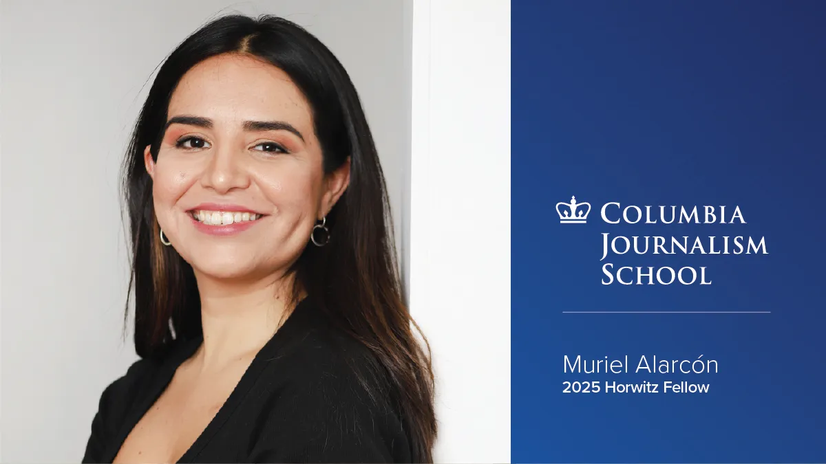 Headshot of Muriel Alarcón, '20 M.A. Science, next to the CJS logo and the words "Muriel Alarcón 2025 Horwitz Fellow" underneath. 