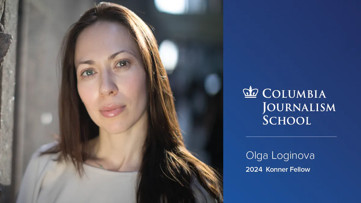 Headshot of Olga Loginova, logo of CJS above text that reads, "Olga Loginova 2024 Konner Fellow."
