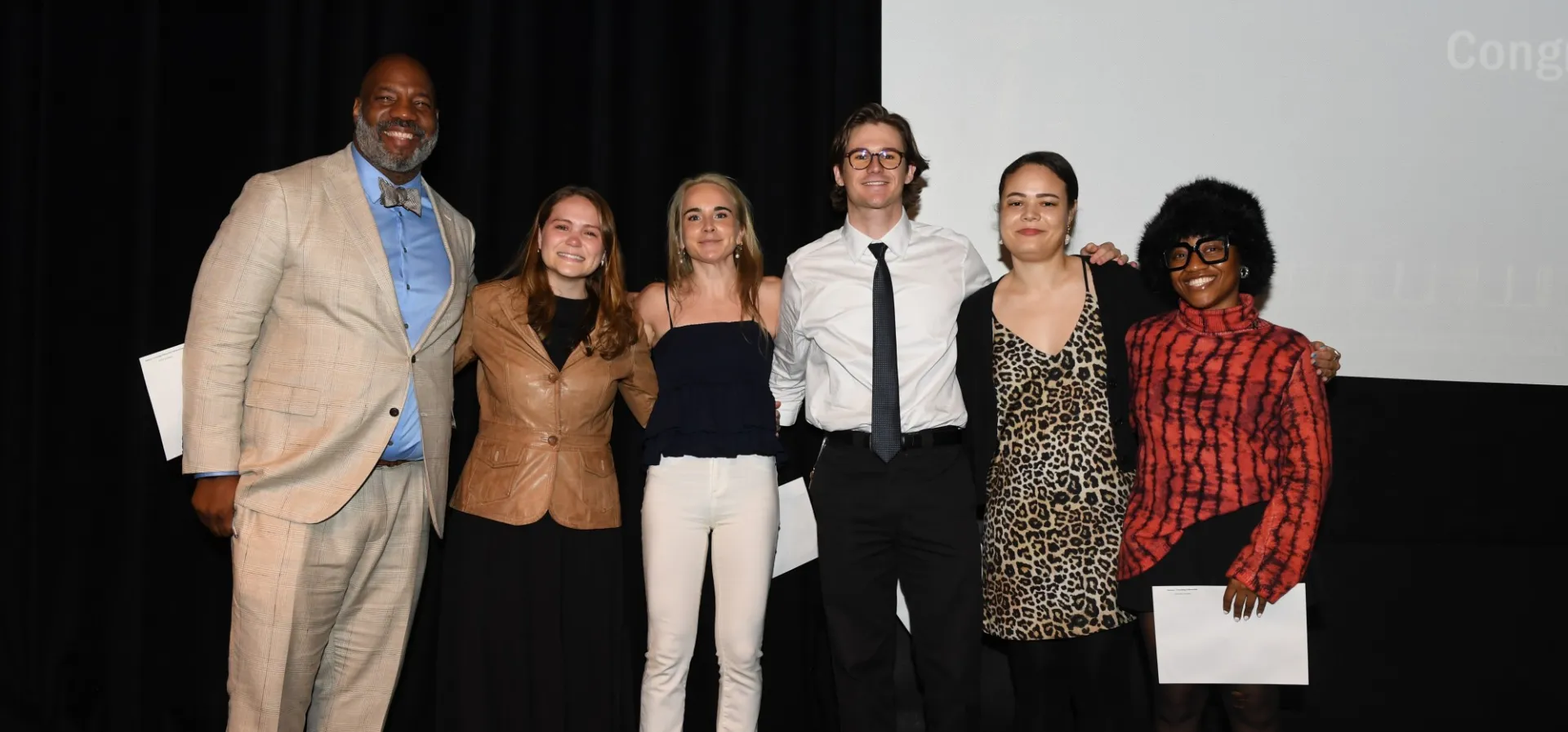 The 2024 Pulitzer Traveling Fellows with Dean Jelani Cobb shortly after they were announced on Journalism Day.