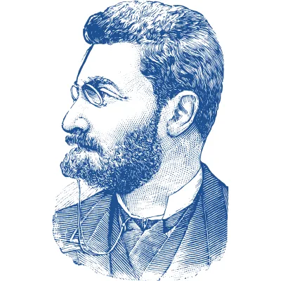 Engraving-style illustration of a bearded man with a monocle.
