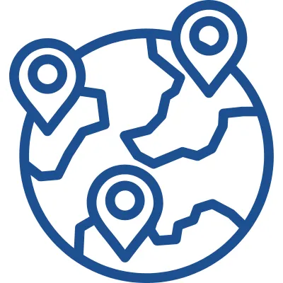 Blue outline illustration of a globe with location pins.