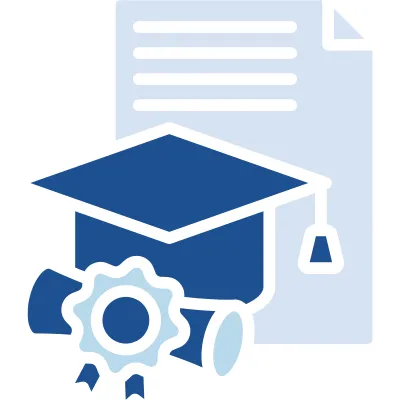 Icon of a blue graduation cap and diploma.