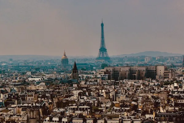 Aerial view of Paris, France facing the Eiffel Tower. 